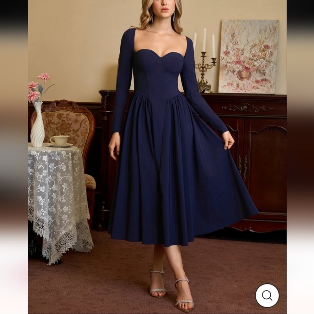 NWT Parthea Sweetheart Neckline Long Sleeve A-Line Midi Dress. Size Large